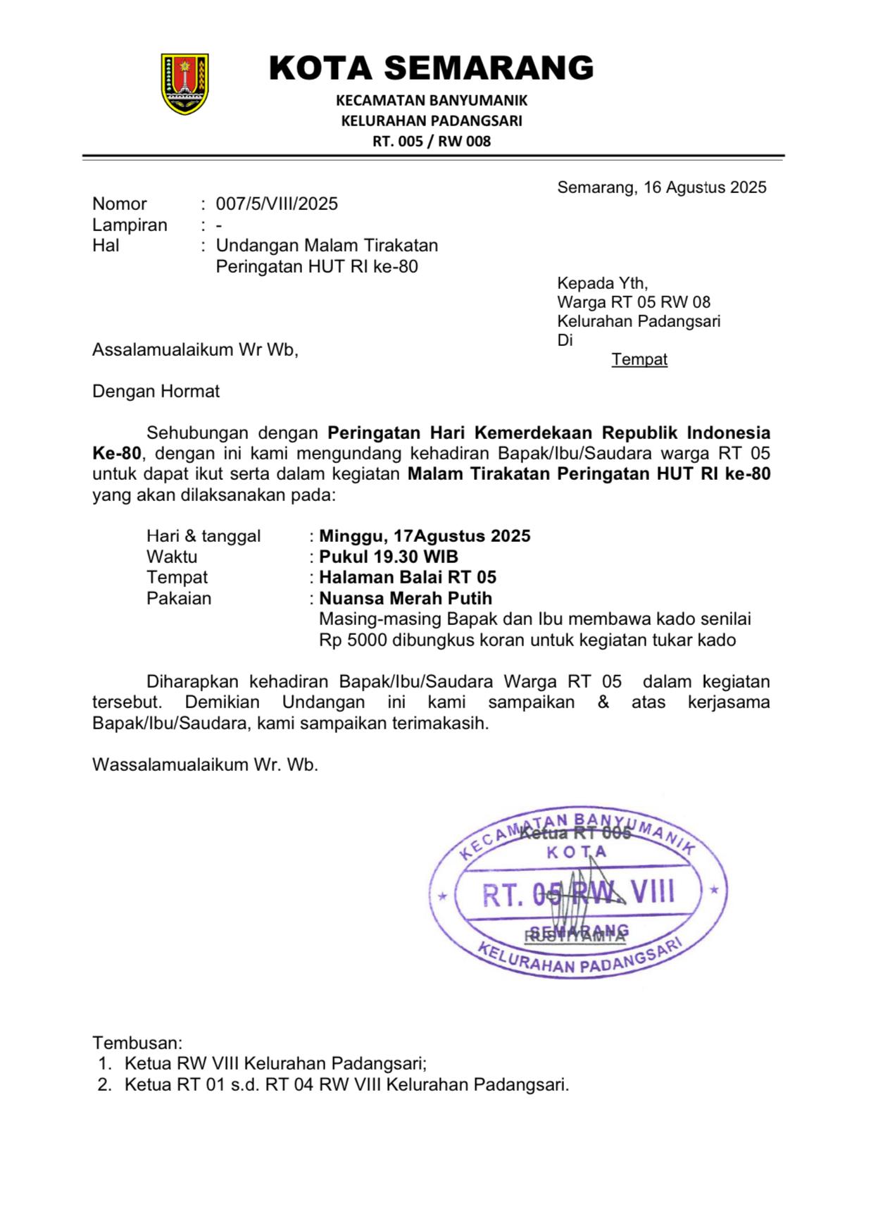 Undangan Malam Tirakatan HUT RI ke-80 Warga RT 05 RW 08 Kelurahan Padangsari, Semarang